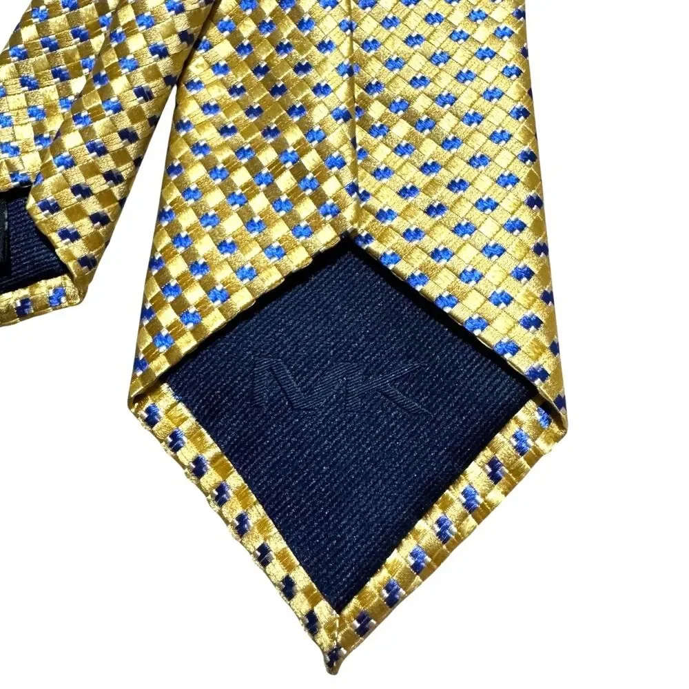Michael Michael Kors 100% Silk Tie Gold Blue Geometric Diamond Pattern